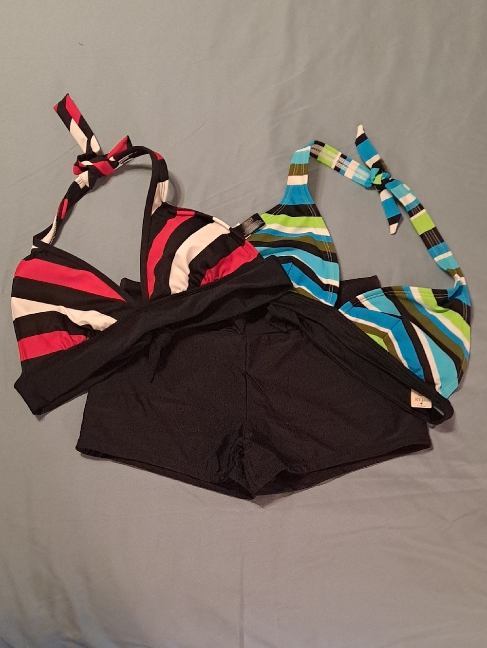 2 Striped Halter Bikini Tops with Black Boyshorts Set
